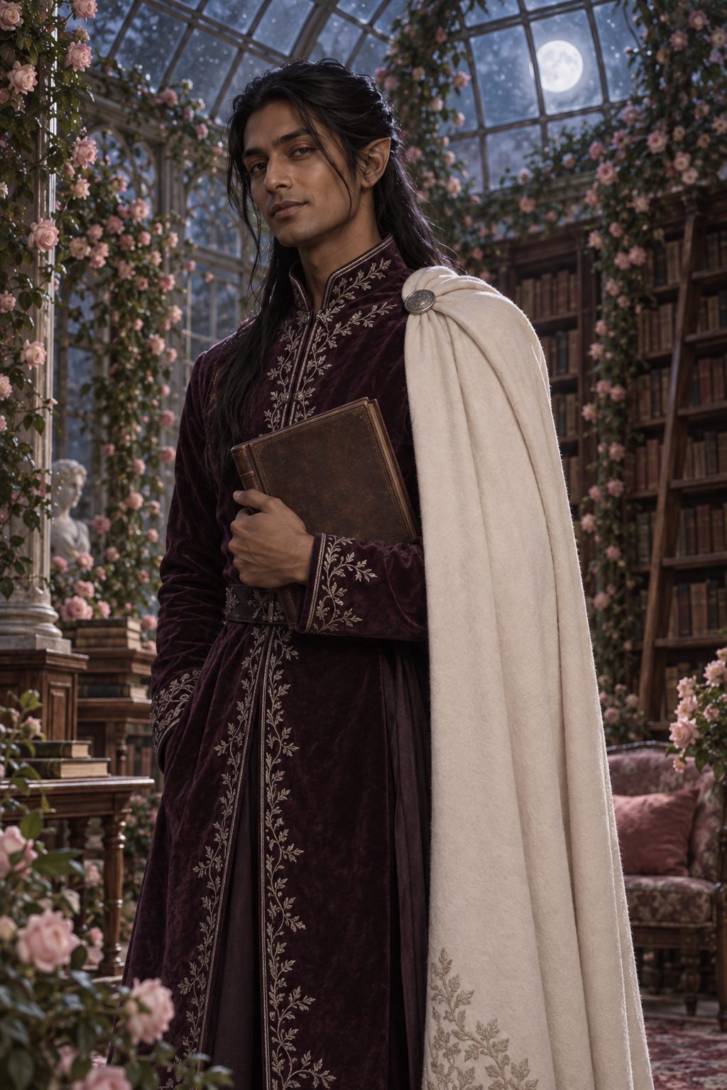Portrait illustration of a long-haired man with pointed ears in a plum velvet coat and a cream cape, holding a closed book in a glass conservatory lined with bookshelves and pale roses.