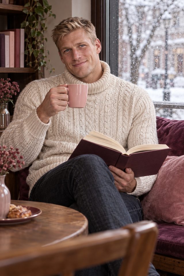 Portrait illustration of a man in a cream cable-knit sweater, holding a pink mug and an open book on a sofa by a snowy window.