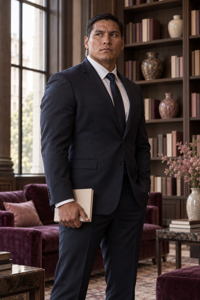Portrait illustration of a man in a navy suit, holding a closed book in a library.